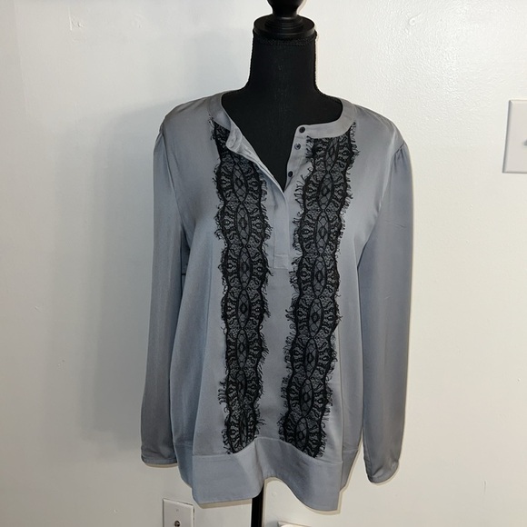 J. Crew Gray Blouse with Black Lace, sz Medium - Picture 1 of 16